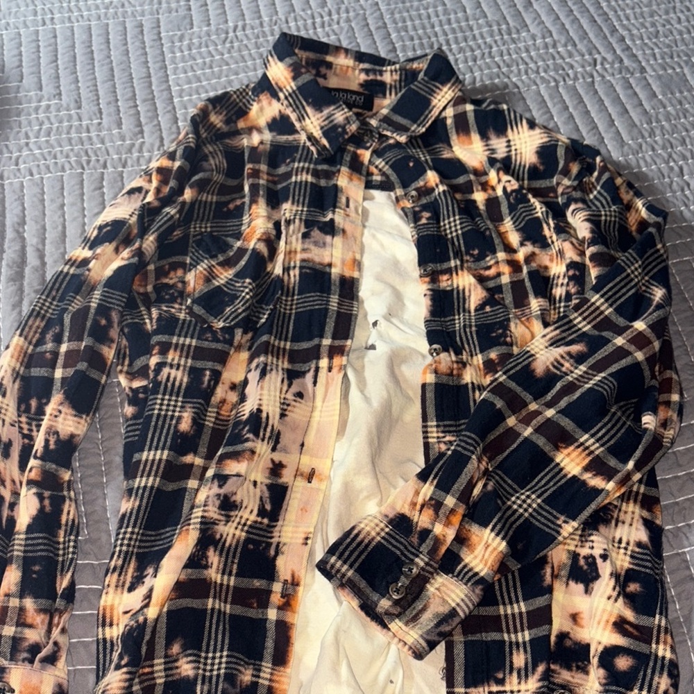 Black and Tan Plaid Button-Up Shirt , Disteressed